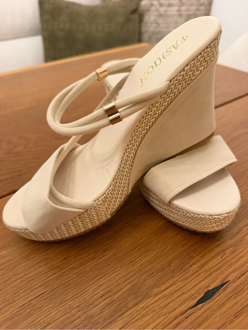 Beige Wedge Sandals with Gold Accent